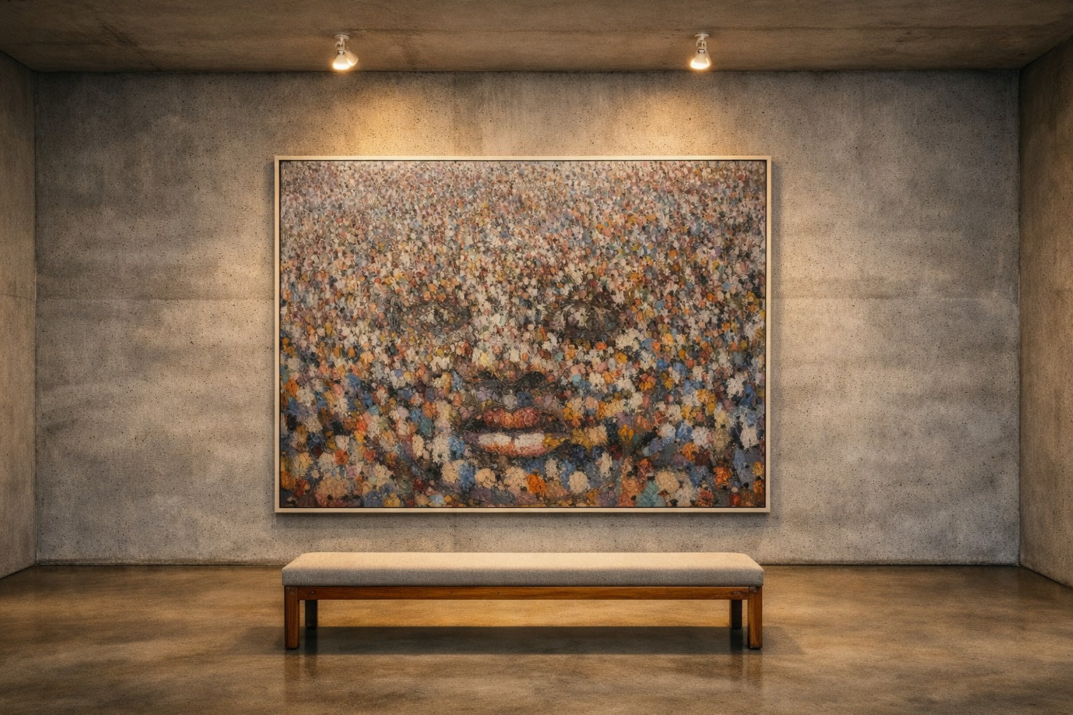 Vibrant pointillist artwork showing a face emerging from a colorful crowd